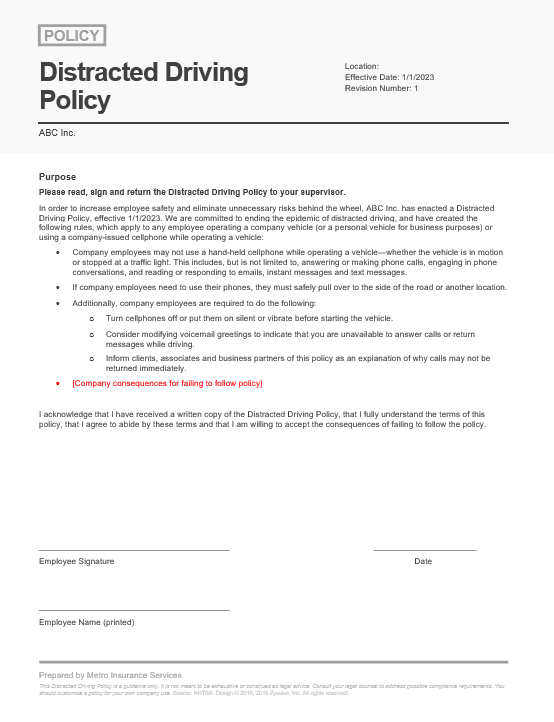 Distracted Driving Policy Template